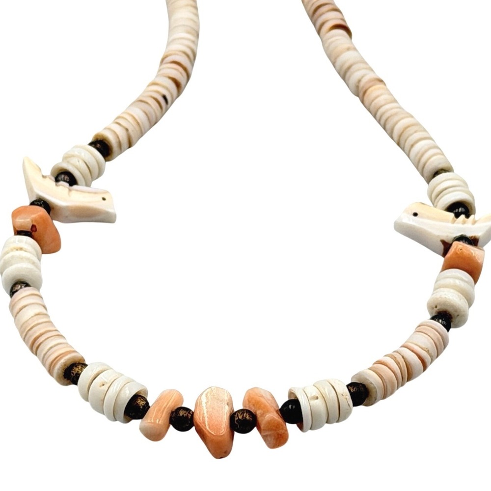 Vintage Bird Shell Beaded Necklace Boho Coastal Chunky Statement Retro